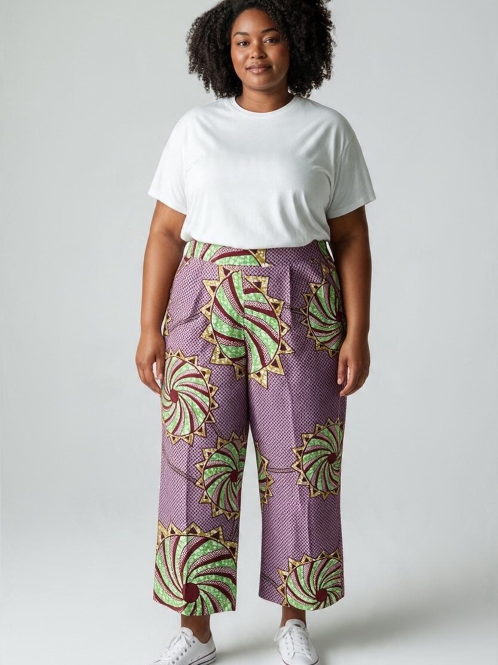 Grass-Fields African Print Wide Leg Crop Pants Purple Green Ankara Plus Size 20